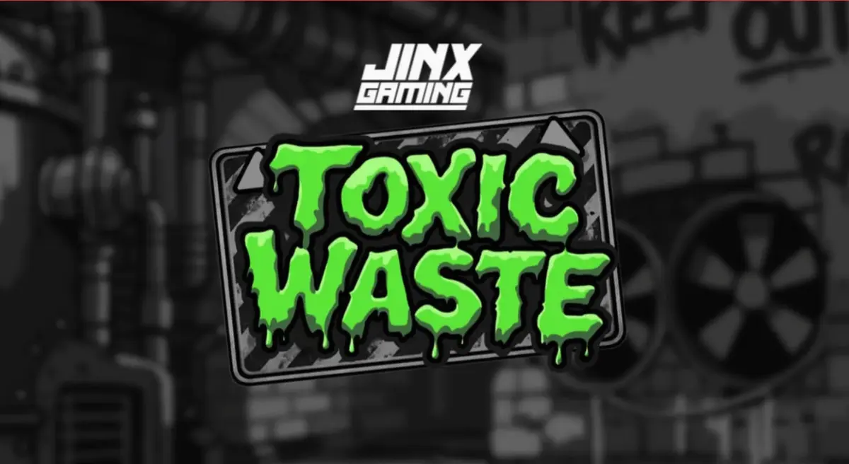 Tampilan visual neon dari slot Toxic Waste dengan simbol mutasi dan grid 8x8